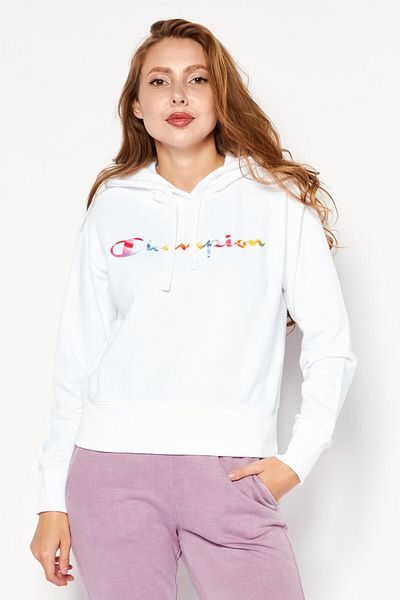 Champion سويت شيرت نسائي رياضي بأكمام طويلة وغطاء رأس للرأس، أبيض