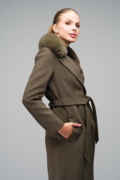Olcay Sheepskin Collar and Punto Detailed Cashmere Coat - Khaki 3542-Tk