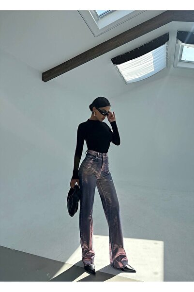 SQUALO Silver Shiny Wide Leg Covering Jean Pantalon-36