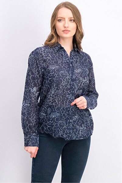 VILEBREQUIN Women Spread Collar Long Sleeve Printed Top, Blue Marine