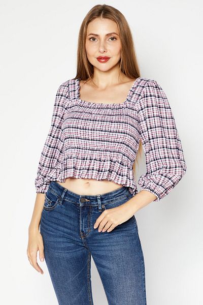 Tommy Jeans Women Square Neck Long Sleeves Checkered Cropped Top, Red Combo
