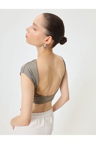 Koton Back Low-cut Crop T-shirt Cap Sleeve Round Neck