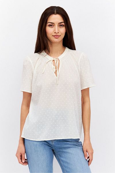 Esprit Women Tie Neck Short Sleeve Textured Top, Cream
