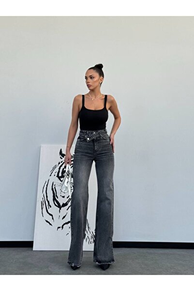 SQUALO Belt Detail Leg Slit Wide Leg Jeans-38