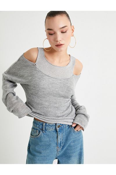 Koton Thin Knitwear Sweater Double Layer Off-the-shoulder Round Neck Long Sleeve