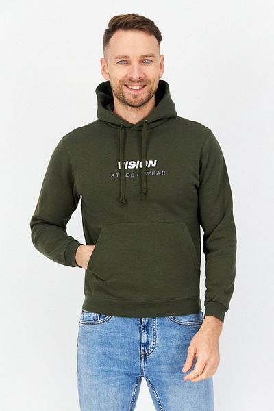 Vision Street Wear Men Embroidered Logo Long Sleeves Hoodie, Dark Olive
