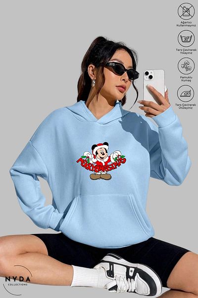 Nyda Collections Hanorac cu glugă supradimensionat cu imprimeu de Crăciun Fericit unisex