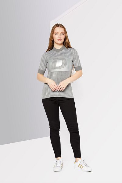 Diesel Women Mock Neck Short Sleeve Brand Logo Shirt, Grey