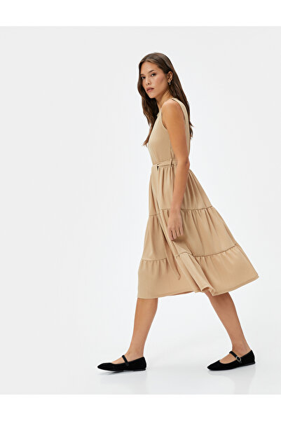 Koton Rochie midi cu volan, cu talie cu curea, fără mâneci, cu decolteu