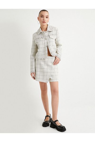 Koton Mini Tweed Shorts Skirt Double Breasted Slim Fit