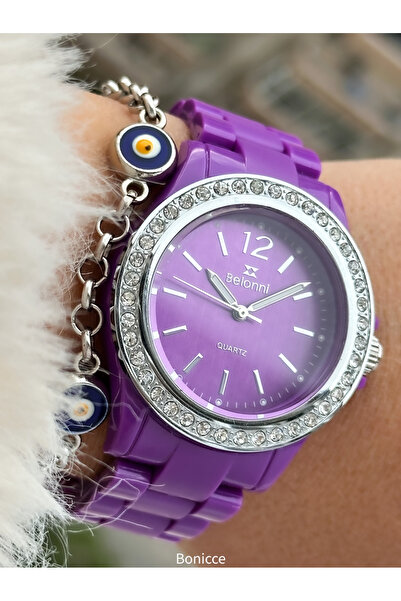 Belonni Brand Light Plastic Rhinestone Case Purple Color Women's Wrist Watch+Bracelet