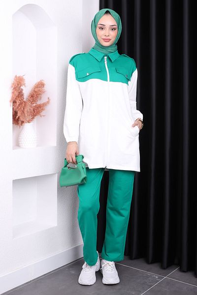 İmajButik Σμαραγδένιο πράσινο παντελόνι με φερμουάρ με δύο κλωστές