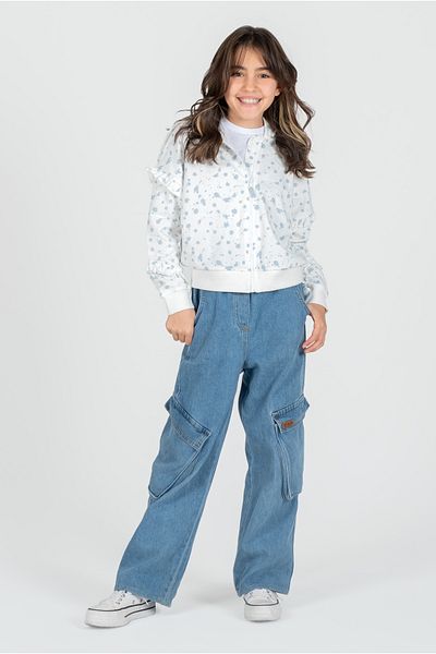 Kyron White and Blue Patterned - Girl's Polka Dot Hooded Cotton Jacket