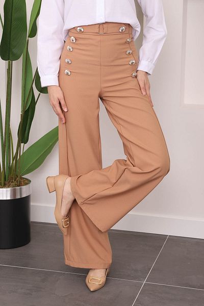 İmajButik Παντελόνι με φαρδύ πόδι με ψηλόμεσο κουμπιά Camel