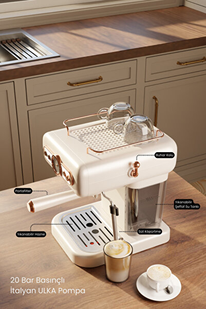 Fressi Espresso Latte Cappuccino Kahve Makinesi Süt Köpürtücülü 20bar Basınçlı 1,2lt Em-01 Ristretto