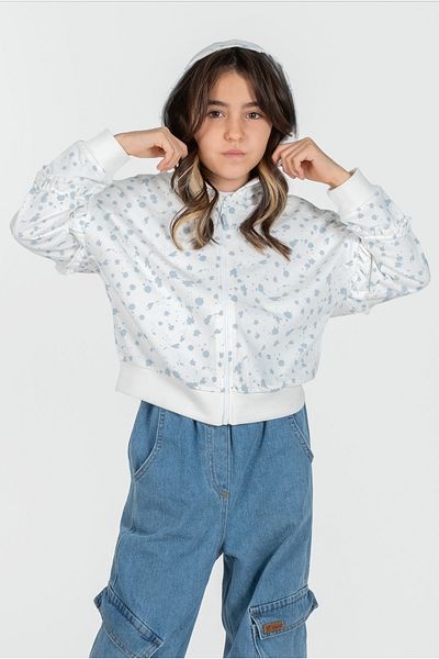 Kyron White and Blue Patterned - Girl's Polka Dot Hooded Cotton Jacket