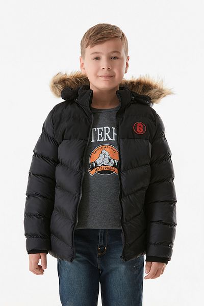 Fulla Moda Παλτό για αγόρι με κουκούλα με φερμουάρ τσέπης
