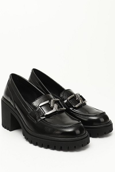 GÖNDERİ(R) Women's Black Patent Leather Buckle Medium Thick Heeled Genuine Leather Shoes