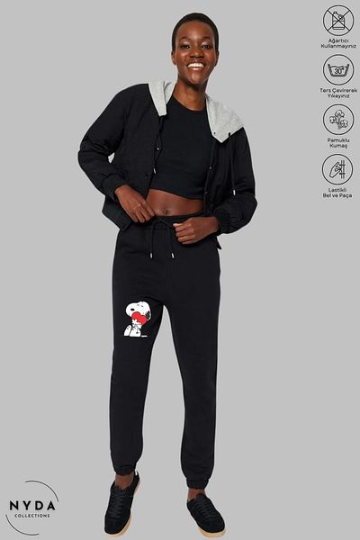 Nyda Collections Snoopy Printed - Βαμβακερό μαύρο παντελόνι με τσέπες, Unisex Seasonal Casual πόδι μέσης