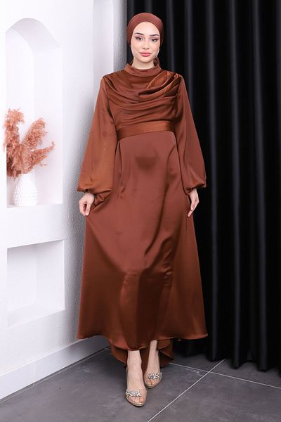 İmajButik Καφέ βραδινό φόρεμα με λεπτομέρεια με μπαλόνι μανίκι σατέν