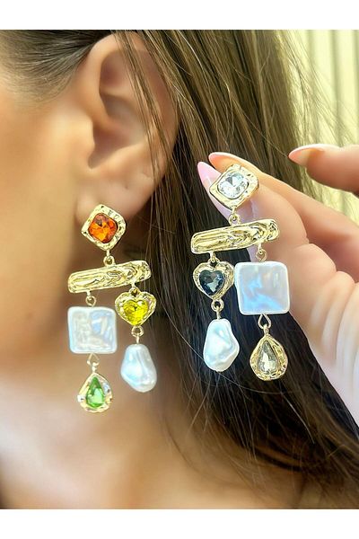 MyladyAccessoriess أقراط متدلية مطلية بالنحاس الباروكي مع حجر ذهبي اللون
