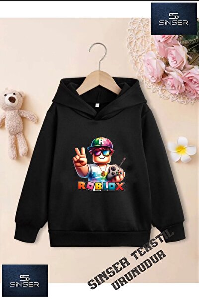 SİNSER TEKS Hanorac alb cu glugă pentru fete/băieți, cu imprimeu „ROBLOX”