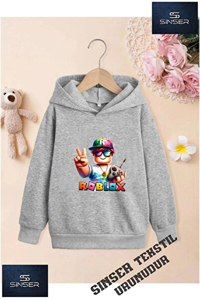 SİNSER TEKS Hanorac alb cu glugă pentru fete/băieți, cu imprimeu „ROBLOX”