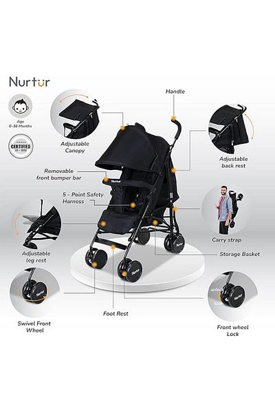 Nurtur Archer Baby Stroller Lightweight, Reclining Seats, Detachable Bumper Storage Basket