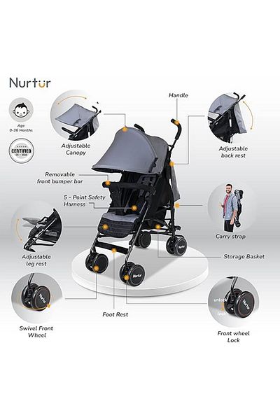 Nurtur Archer Baby Stroller Collapsible Reclining Seats Detachable Bumper Storage Basket