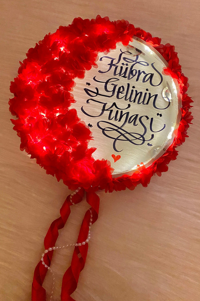 ZEYMERADE Ledli Şeffaf Gelin Tefi 32cm 3d Çiçek Saten Kurdele Incili 6 Renk Düğün Kına Nedime Bride Parti Defi