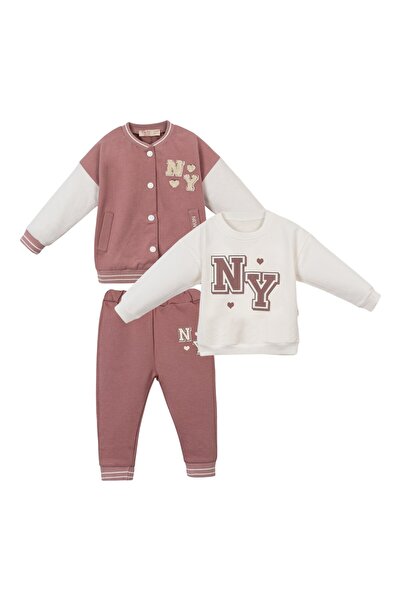 Lolons New York Yazı Nakışlı Kız Bebek Üçlü Takım Gül Kurusu