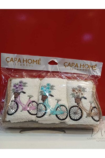 Çapa Home Gift Daily Dowery Use with Straw Basket Detail 3-Piece Cotton Towel 30 X 50