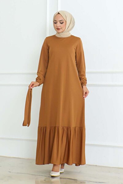 Genel Markalar Eteği Fırfırlı Tesettür Elbise CAMEL