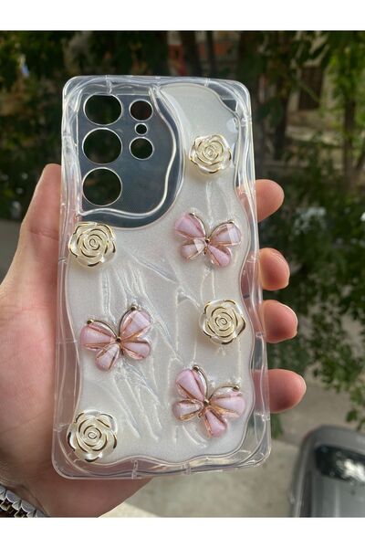 AQUA AKSESUAR Samsung Galaxy S23 Ultra Uyumlu Kılıf 5D Kabartmalı Kelebek Çiç...