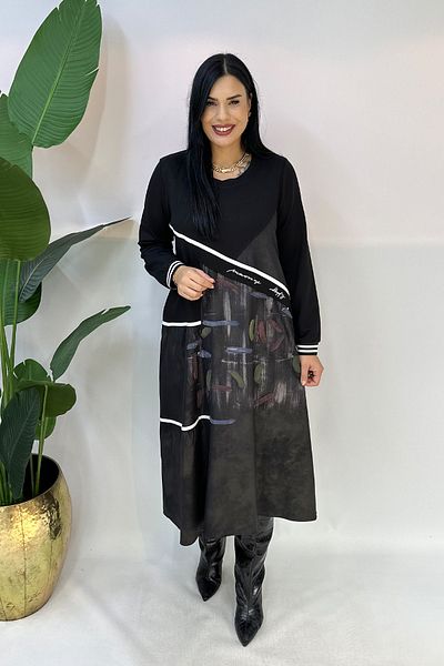 GÖKSEL Brush Blow Print Plus Size Dress - Black