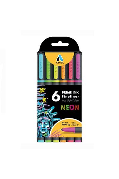 Adel Fineliner 6-Piece Neon Fine Tip Pen Prime Ink 6 Colors 1 Pack