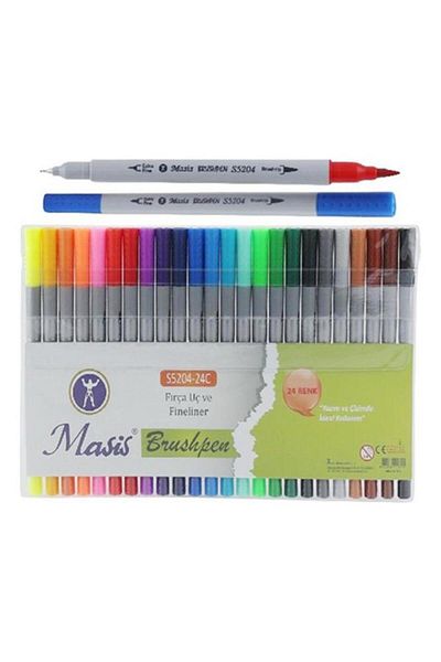 Masis Fineliner Pen Reversible 24 Colors 1 Pack Brush Tip and Fineliner Brushpen 24 Pieces Felt Tip Pen Thick