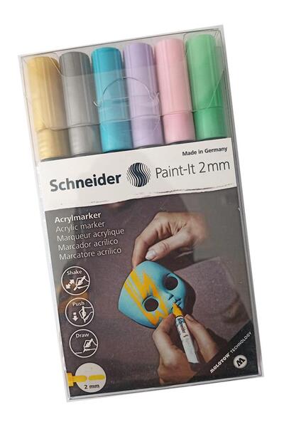 SCHNEIDER Acrylic Marker 2mm Set of 6 Pastel Bright Colors 1 Pack Metal Glass...