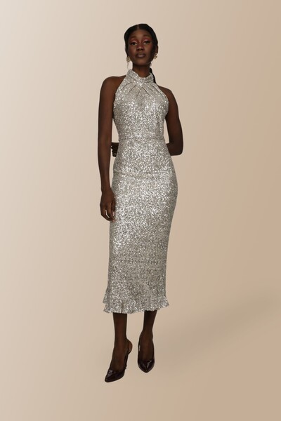 Elif Naz Moda Evi gümüş rengi kolsuz boğazlı maxi elbise