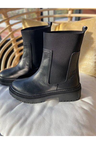 LA PASSION HAKİKİ DERİ SİYAH GENİŞ LASTİKLİ BOT