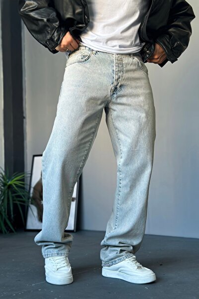 LUVEST ERKEK GENİŞ KALIP BAGGY TAŞLAMALI BUZ MAVİ JEAN KOT PANTOLON