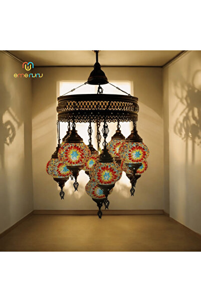 EMENUNU El Yapımı 9'lu  Mozaik Cam Avize - Zarif ve Şık Dekoratif Sarkıt Lamb...