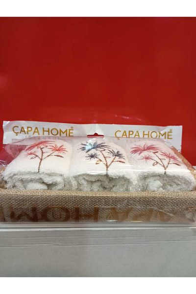 Çapa Home Gift Daily Dowery Use with Straw Basket Detail 3-Piece Cotton Towel 30 X 50