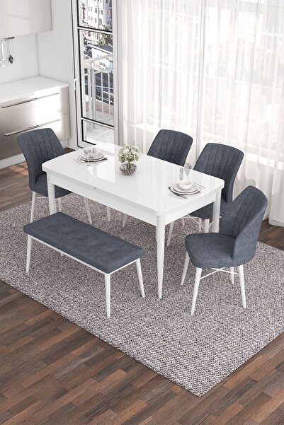 Canisa Eva Serisi 80x132 Açılabilir Mdf Mutfak Masası Takımı Beyaz Masa 4 Füme Sandalye 1 Bench