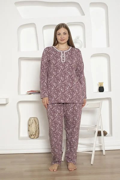 ALİMER Women's Plus Size Pajamas Set with Floral Print - Lycra Combed 2809Ubkl