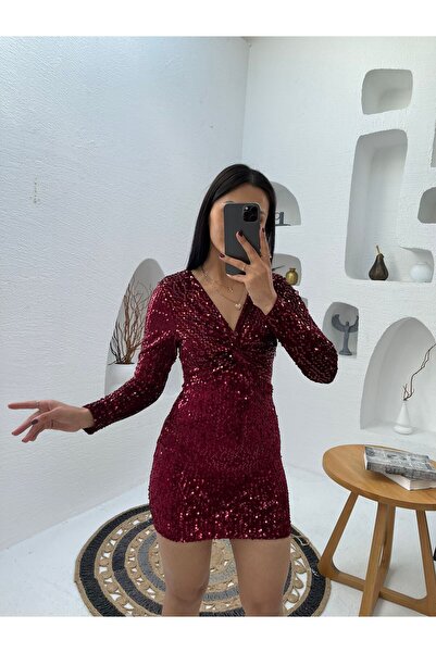 My crasia Kadın Düğüm Detaylı Pulpayet Kısa Abiye Elbise 3649