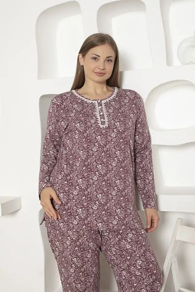ALİMER Women's Plus Size Pajamas Set with Floral Print - Lycra Combed 2809Ubkl