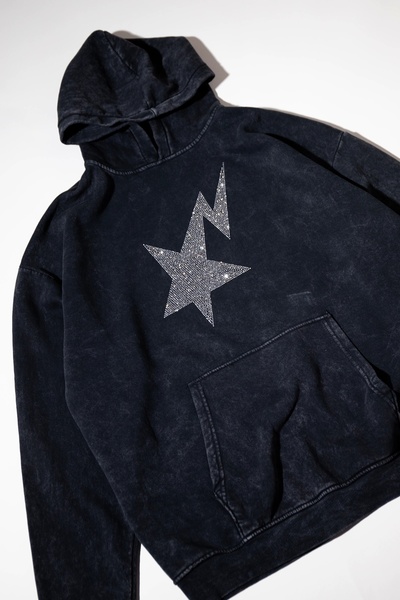 Sekizbiraltı Shining Star Taş Baskılı Oversize Unisex Premium Yıkamalı Siyah Hoodie