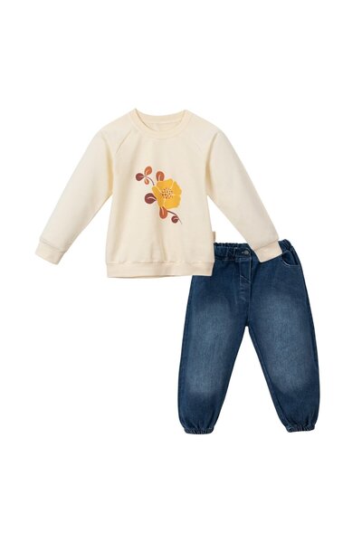 Lolons Çiçek Baskılı Kız Çocuk İkili Takım Turuncu