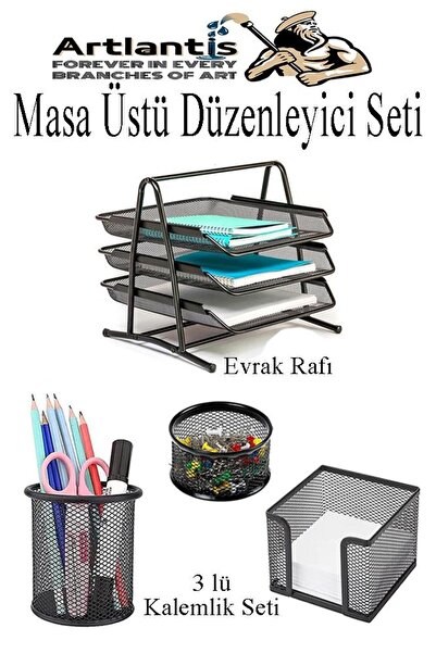 Artlantis Masa Üstü Siyah Fileli Kalemlik ve 3 Katlı Evrak Rafı 4 Parça 1 Pak...